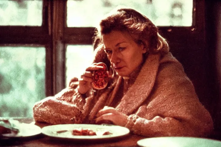 Image similar to soviet movie still a soviet woman sitting at a table next to the window with food, dark warm light, a character portrait by margarita terekhova, movie stalker solaris film still by andrei tarkovsky, 8 k, 1 9 8 4, close - up bokeh, gelios lens, color, noir