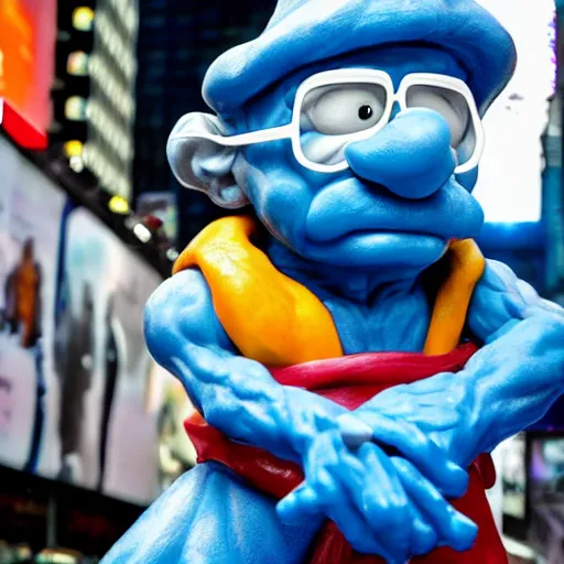 Image similar to a photograph of a very detailed renaissance sculpture of walter white as a smurf in times square, made by michelangelo, from the distance, hyper detailed, sharp focus, 8 k resolution, ray tracing