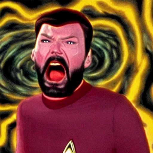 Prompt: Star Trek's Commander Riker screaming in agony while caught in a psychedelic mushroom trip