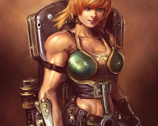 Image similar to portrait of samus aran as a very attractive happy female bodybuilder steampunk princess, elegant, fantasy, hd shot, digital portrait, beautiful, artstation, comic style, by artgerm, guy denning, jakub rozalski, magali villeneuve and charlie bowater