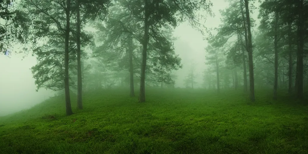 Image similar to calming fog over the woods on a mountain, green, photorealistic