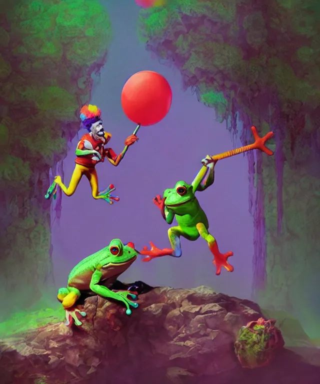 Image similar to clown frog king pulls the sword from the stone, clown frog king wearing clown makeup and rainbow wig, clown crown artwork by Glenn Fabry, rendering by Beeple