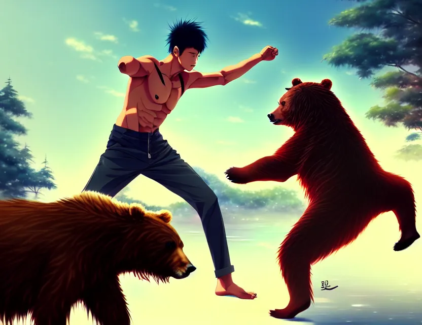 Image similar to asian male model fighting a bear, by nashimanga, anime illustration, anime key visual, beautiful anime - style digital painting by wlop, amazing wallpaper