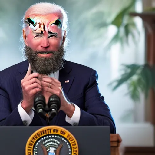 Image similar to 4 k portrait sony a 7 f 2. 8 wide angle of president joe biden as a taliban leader with a beard showering in a tropical jungle shower surrounded by secret agents