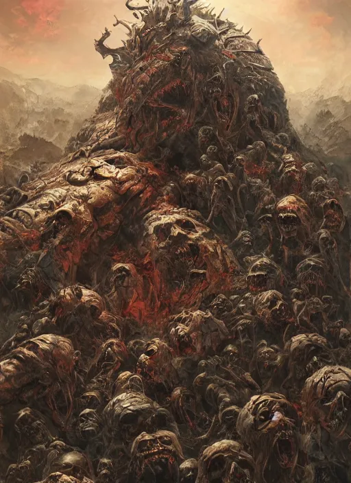 Prompt: a monster in the mountains of hell on pile of skulls, oil painting by tomasz jedruszek, cinematic lighting, pen and ink, intricate line, hd, 4 k, million of likes, trending on artstation