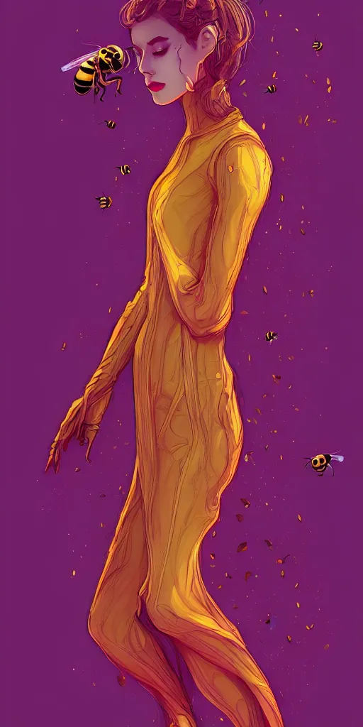 Image similar to 🐝👗👾, phantom, dreary, dramatic, fluid, golden ratio, artstation, moebius + loish, hd,