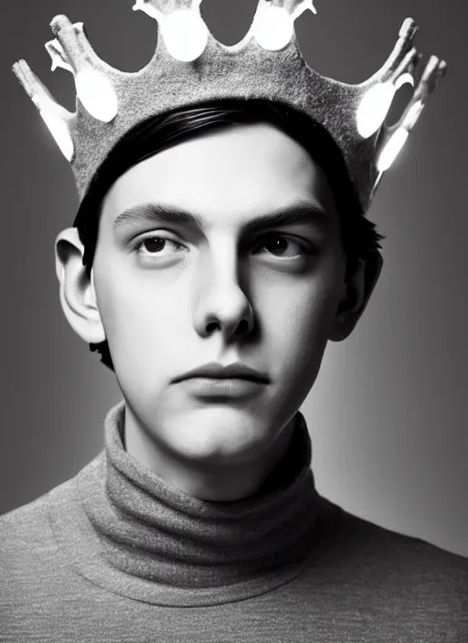 Image similar to portrait of teenage jughead jones wearing a light grey crown, crown, blue turtleneck, 1 9 5 0 s, closed eyes, photorealistic, black hair, glowing lighting, intricate, elegant, glowing lights, highly detailed, digital painting, artstation, concept art, smooth, sharp focus, illustration, art by wlop, mars ravelo and greg rutkowski