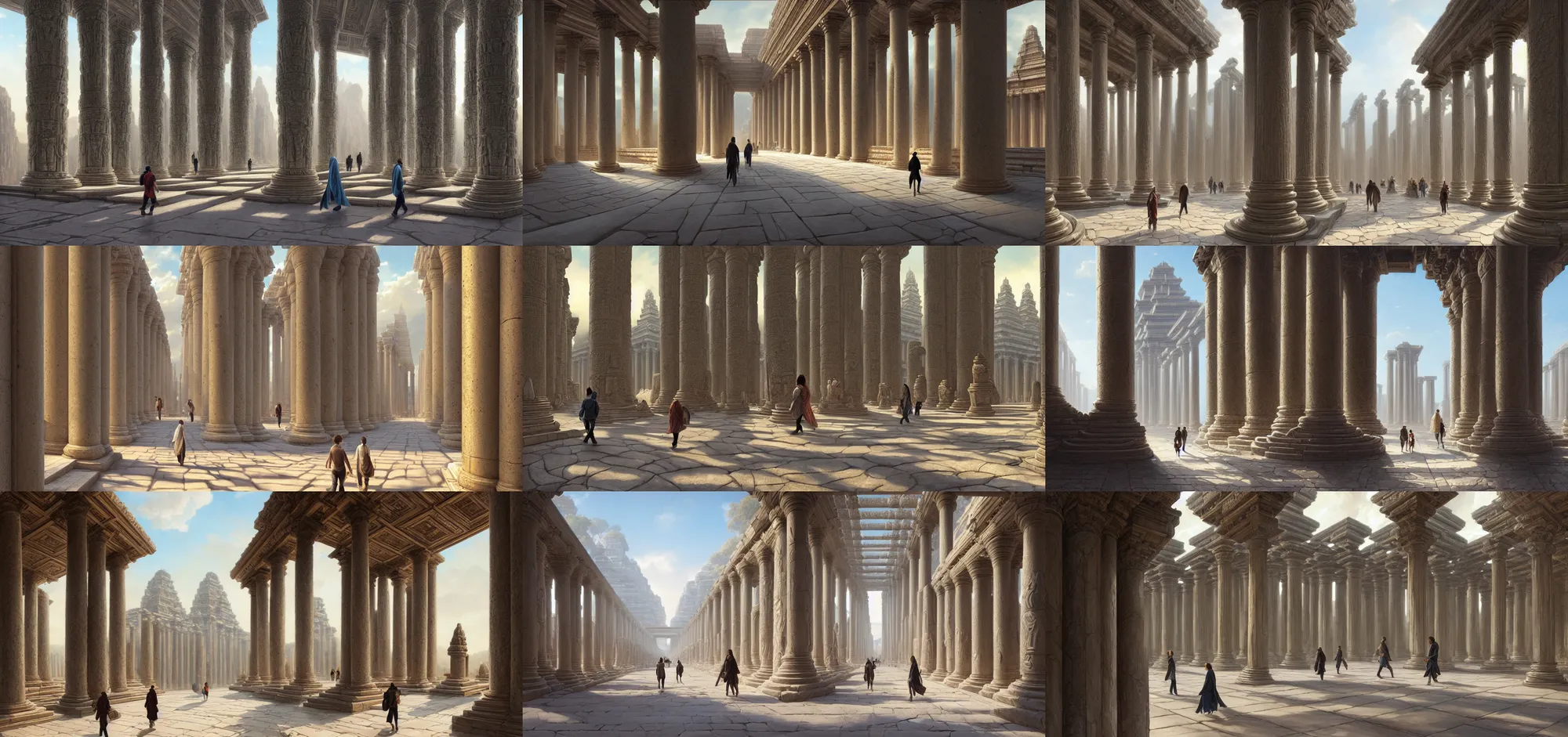 Prompt: shot from over the shoulder third person perspective, two people walking down the center of a massive stone temple with rows of large pillars lining either side of the pathway, intricate, elegant, highly detailed, digital painting, artstation, concept art, smooth, sharp focus, illustration, art by artgerm and greg rutkowski and alphonse mucha, 8 k