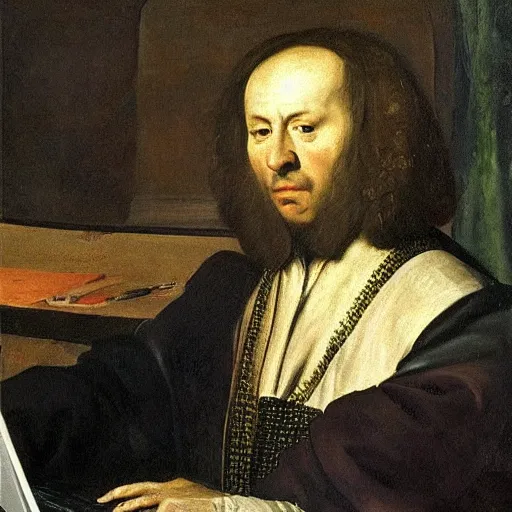 Image similar to Renaissance oil portrait of a man playing warzone on a computer, high-quality realistic oil painting with detailed strokes, robed Renaissance scholar, painting by goya,