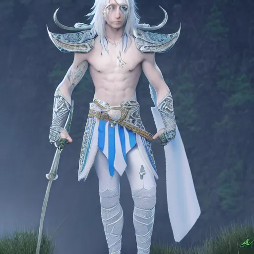 Image similar to a highly detailed male elf in full length, with white long hair, white clothes, bright blue eyes, artstation, DeviantArt, professional, octane render