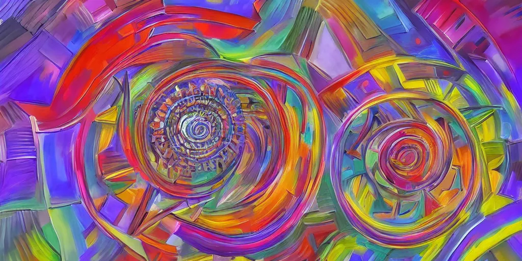 Image similar to an abstract 3d rendering of an abstract by robert delaunay of colorful spirals interacting in complex designs in the fibonacci ratio with smooth color transitions