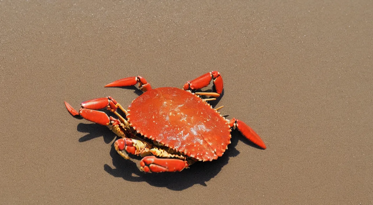 Image similar to a realistic image of a crab with a pancake on it's head, ultra high detail, the crab is on sand on a beach with ocean in the background, 8 k.