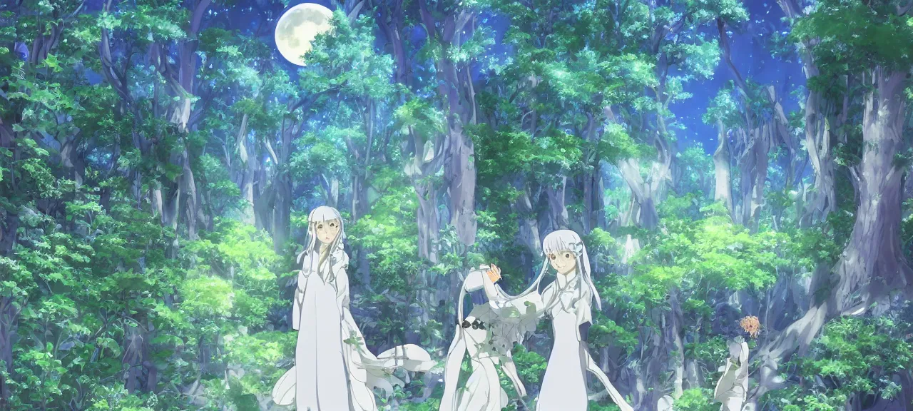 Image similar to illyasviel walking through enchanted ghibli clover | Big Moon at Blue Night | Trees with white flowers | bioluminescent blue FLOWERS | strong blue rimlit | visual-key | anime illustration | highly detailed High resolution | Light Novel | Visual Novel | In the style of Miyama-Zero, Yuuki Hagure