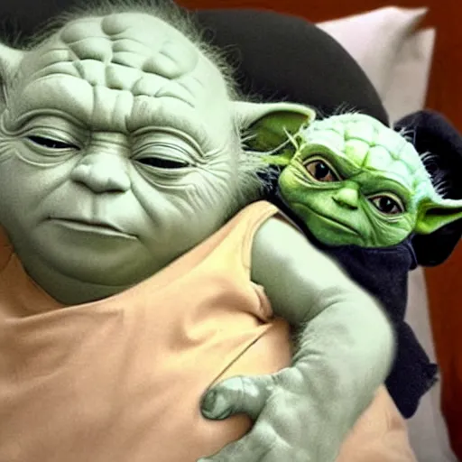 Image similar to putin sleeping in bed next to yoda