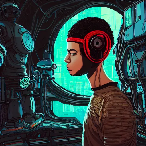 Prompt: in the style of ghostshrimp and deathburger and laurie greasley a young mixed race male explorer wearing a cyberpunk headpiece who is meditating in front of a giant wise decaying robot head, highly detailed, 8k wallpaper