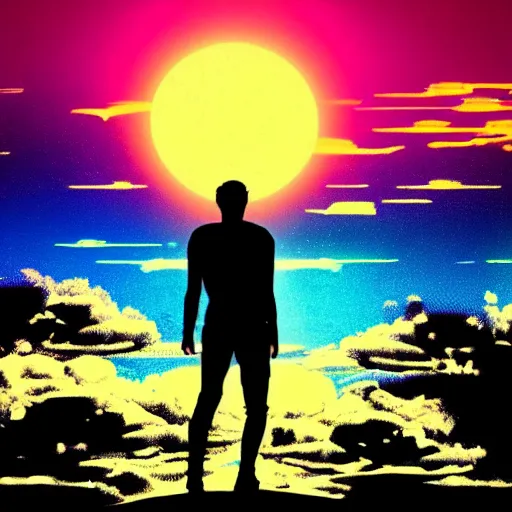 Image similar to silhouette of a man, synthwave background, superb resolution