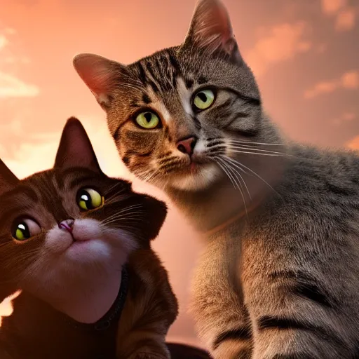 Image similar to cat - faced giant mans with his friend by his side, high definition movie, photorealistic detail, futuristic production, adventure movie, 8 k