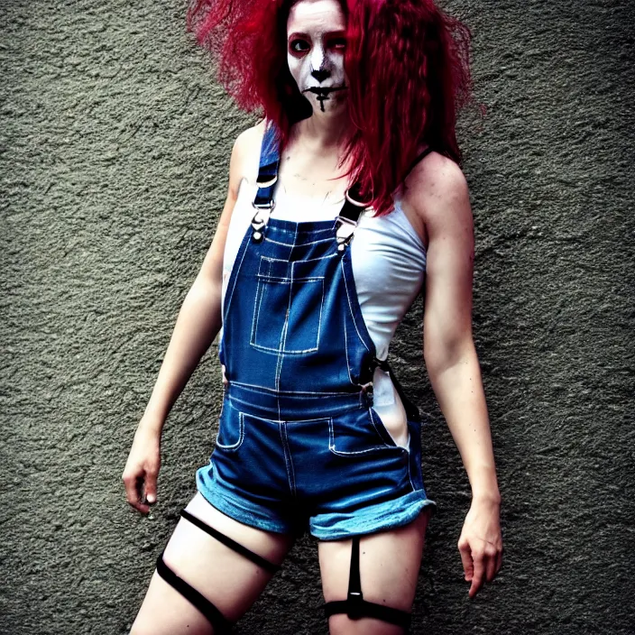 Image similar to fully body pose, photo of a very beautiful!! skull woman, overalls, short shorts, fishnets, combat boots, wet t shirt, raining, 8 k, hdr, smooth, sharp focus, high resolution, award - winning photo, trending on artstation, dslr, 5 0 mm