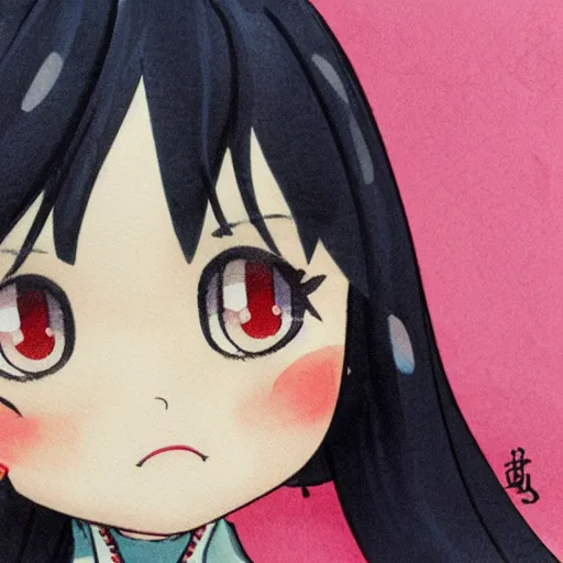 Image similar to beautiful water color concept art of face detailing cute nendoroid girl in the style of ukiyoe , toon rendering, close-up, no shade, modern art