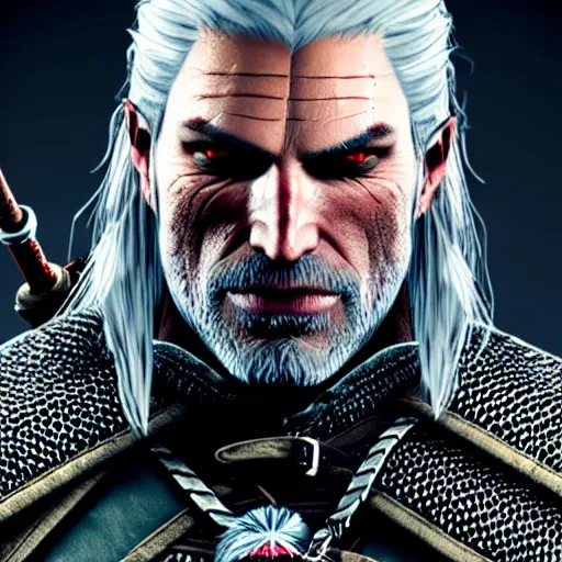 Image similar to geralt of rivia witcher, highly detailed, photorealistic portrait, bright studio setting, studio lighting, crisp quality and light reflections, unreal engine 5 quality render