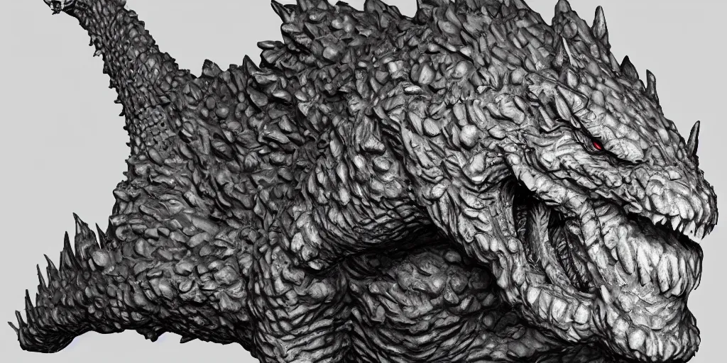 Image similar to ! dream soft sculpted paper mache godzilla zbrush sculpture accurate, above a zity and night, dramatic spotlights shine on godzilla, j. c. leyendecker, akira kurosawa