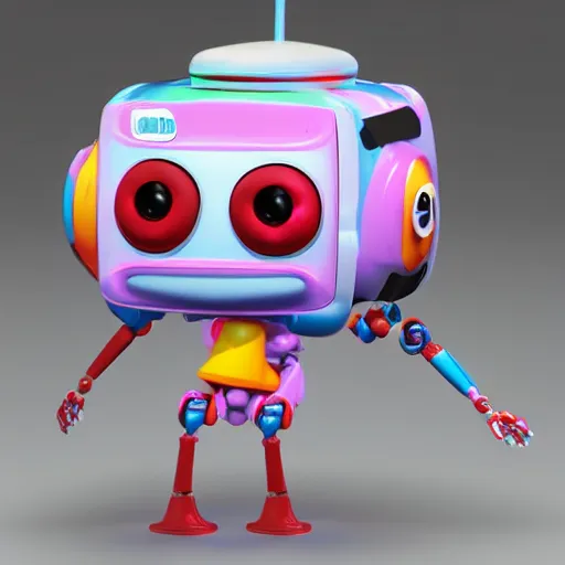 Image similar to single crazy melting plastic toy Pop Figure Robot, C4d, by pixar, by dreamworks, in a Studio hollow, by jeff koons