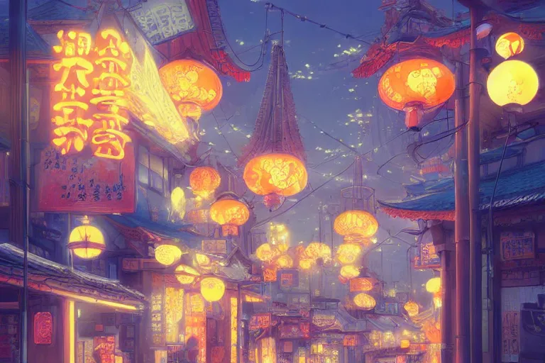 Image similar to fantasy art of a japan town at night, with paper lanterns in the shape of goldfish, by makoto shinkai, highly detailed digital art, trending on artstation