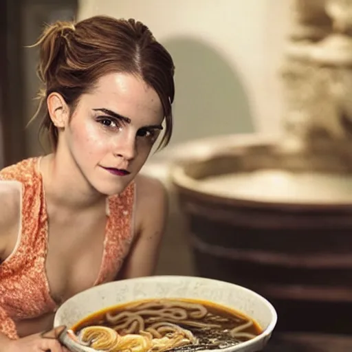 Prompt: emma watson bathing in a big bowl of ramen. architectural digest.