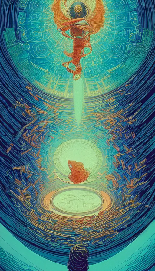 Image similar to the oracle of psychedelic bibliophiles on cosmic cloudscape, futurism, dan mumford, victo ngai, kilian eng, da vinci, josan gonzalez