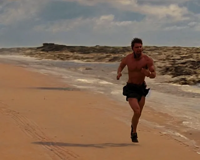 Image similar to single spartan running on australian beach, epic award winning action cinematic still from the movie 3 0 0