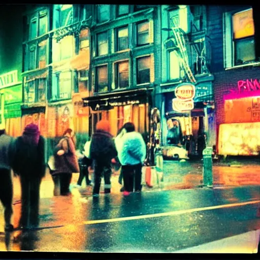 Prompt: polaroid of punks on the lower east side, colorful, nighttime, raining!