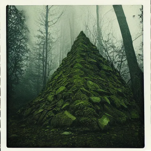 Image similar to a mossy rock pyramid in the middle of a forest clearing, at night, dark, foggy, eerie, creepy, unsettling, lost footage, old polaroid, expired film,