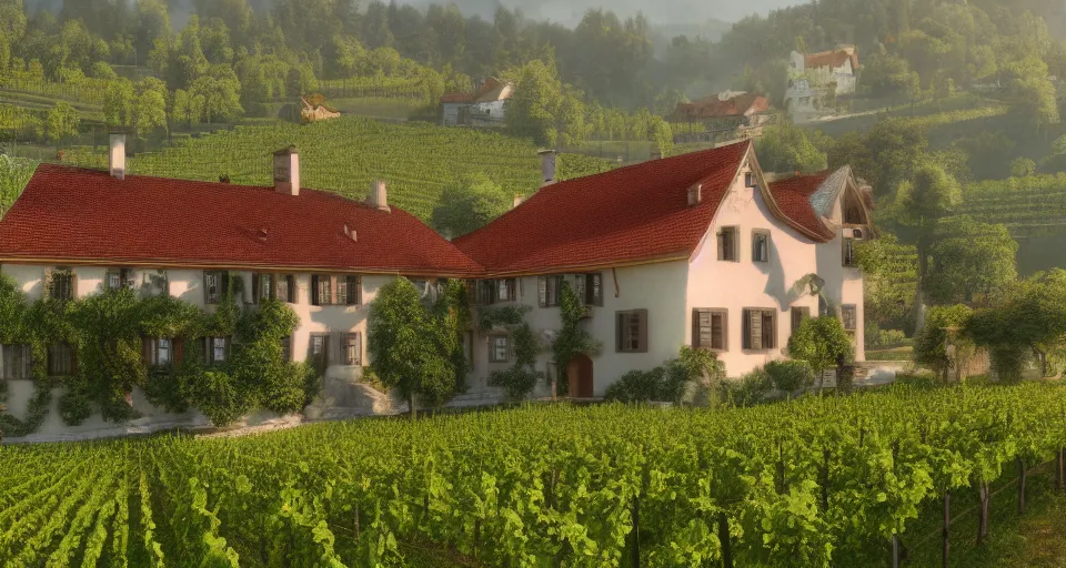 Prompt: A beautiful hyper realistic ultra detailed lifelike matte painting of traditional austrian house in a vineyard, unreal engine, deviantart, flickr, artstation, octane render, textured, colorful, extreme realistic detail, physically based rendering, pbr render, very detailed, volumetric lighting, detailed lighting, octane render, 4k, cinematic lighting, 8k resolution