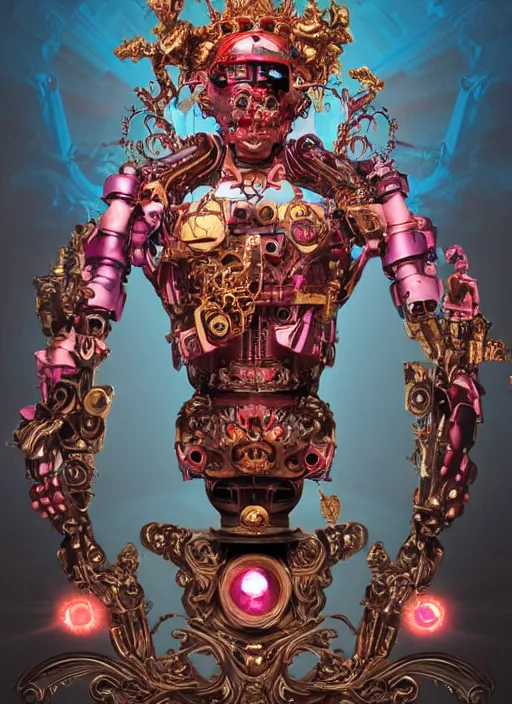 Image similar to baroque and cyberpunk style full-body sculpture of a young evil Hispanic prince half android with a chest exposing a glowing ruby battery, glowing pink seductive laser eyes, crown of blue gears and diamonds, swirling salmon-colored silk fabric, robotic raptors dinosaurs. baroque elements. full-length view. intricate artwork by caravaggio. art by Artgerm and Greg Rutkowski and Alphonse Mucha, Trending on artstation, cinematic industrial lighting, photorealistic, octane render, 8k, depth of field, 3D