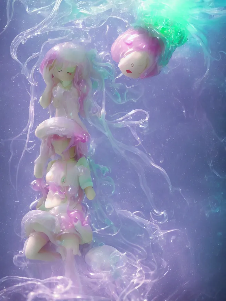 Image similar to cute fumo plush of an otherworldly translucent jellyfish goth girl floating in the deep sea, mysterious tattered maiden tendrils and dress, anime, heavy rain reflective water surface, glowing lens flare green wraith girl, wisps of volumetric fog and smoke in refracted vortices, vignette, bokeh, vray