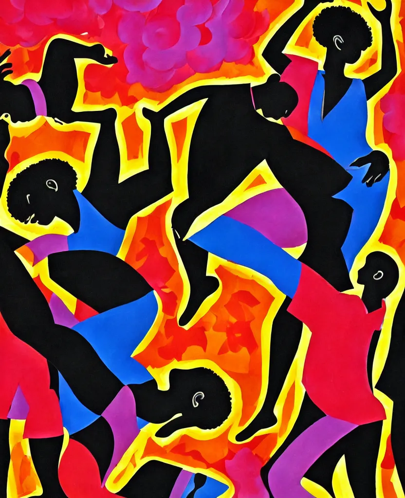 Prompt: a collage of a man and a woman dancing, a poster by robert colescott, behance, black arts movement, poster art, concert poster, artwork