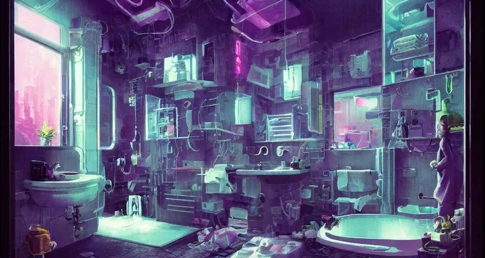 Image similar to IKEA catalogue photo of a cyberpunk bathroom, by Paul Lehr