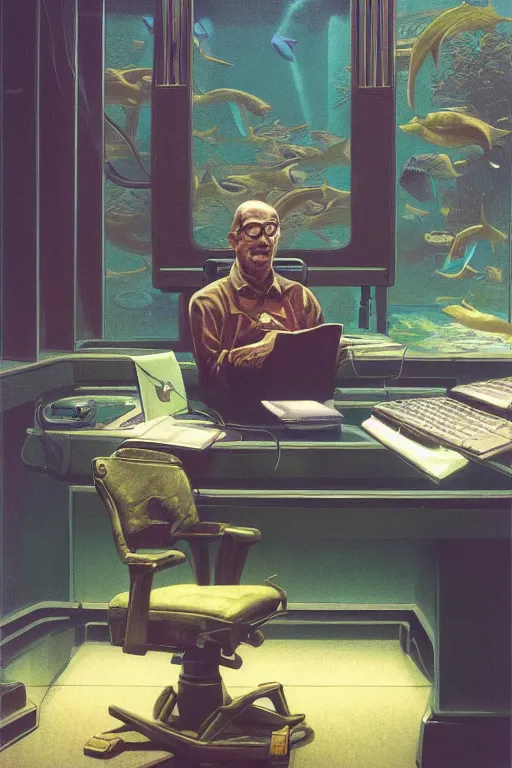 Prompt: photo of an aquarium behind a man seated at a desk, tim hildebrandt, by wayne barlowe, trending on artstation, cinematic composition, simple detail. greenish lighting,