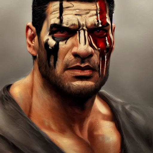 Image similar to portrait of remorseful frank castle the punisher, bruised, face paint, intricate, elegant, highly detailed, centered, grungy, digital painting, artstation, concept art, smooth, sharp focus, illustration, artgerm, artstation, boris vallejo