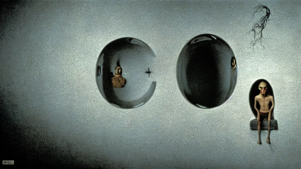 Image similar to the strange creature in the sink, they look at me, film still from the movie directed by wes anderson and david cronenberg with art direction by salvador dali and zdzisław beksinski, wide lens