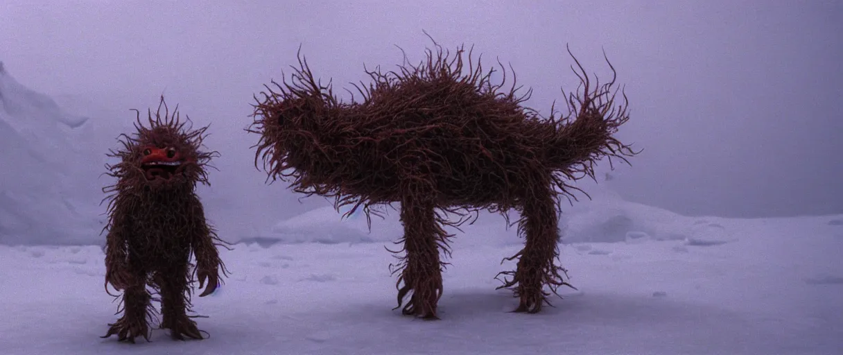 Prompt: filmic extreme wide shot movie still 4 k uhd interior 3 5 mm film color photograph of a detached snarling distorted deformed creature abstract shape shifting organism made of human tissue, running around the an arctic village that is on fire chasing humans in the style of the horror film the thing 1 9 8 2