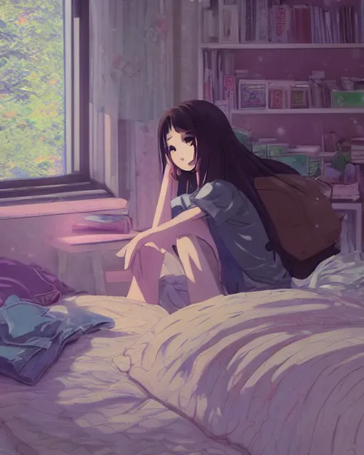 Image similar to a full shot of a teenage girl chilling in her dorm, moe, kawaii, pretty, lovely, detailed face, digital art by makoto shinkai and claude monet