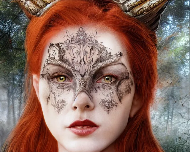 Image similar to 5 5 mm portrait photo of an armored gorgeous anesthetic redhead woman warrior with a face tattoo and horns growing from her head, and owl sitting on her shoulder in a magical forest in the style of stefan kostic, art by luis royo. highly detailed 8 k. intricate. lifelike. soft light. nikon d 8 5 0. cinematic post - processing