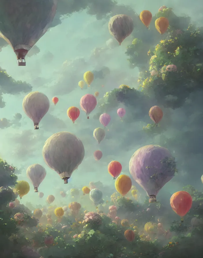 Image similar to bouquet of flowers as hot air balloons, environment concept art, daytime ethereal anime, high detail Impressionist style, dreamy light color palette, style of studio ghibli and moebius, concept art stunning atmosphere, trending on artstation, volumetric light