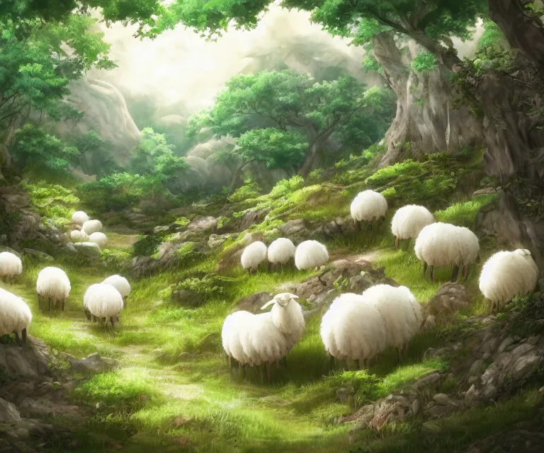 Prompt: sheep in a forest, anime fantasy illustration by tomoyuki yamasaki, kyoto studio, madhouse, ufotable, comixwave films, trending on artstation