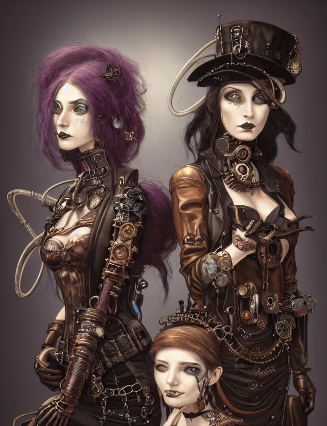 Prompt: a portrait of two steampunk goth girls, by moebius and tyler edlin and hr giger, trending on artstation, digital art, 4 k resolution, detailed, high quality, sharp focus, hq artwork, coherent, insane detail, concept art