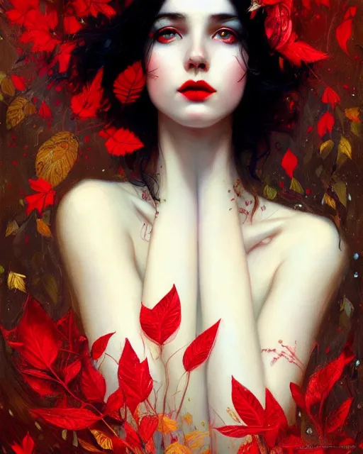 Image similar to highly detailed beautiful pale skin hippie, black hair, flying leaves on backround, symmetrical, red lips, paint by ilya repin and anna dittman trending on artstation, intricate details, energetic composition, golden ratio, concept art, illustration, elegant art