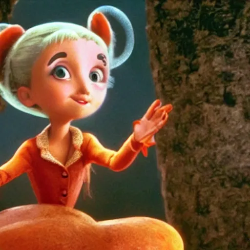Prompt: a still of ariana grande in james and the giant peach ( 1 9 9 6 )