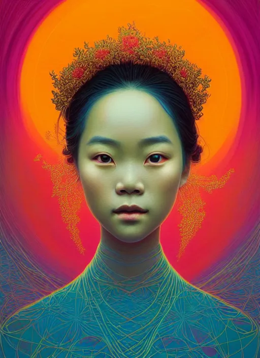 Prompt: prompt! dream symmetry!! stunning portrait of beautiful face vietnamese girl wearing tradition clothes!! by victo ngai, kilian eng vibrant colours, dynamic lighting, digital art, winning award masterpiece, fantastically beautiful, illustration, aesthetically inspired by beksinski and dan mumford, trending on artstation, art by greg rutkowski, 8 k