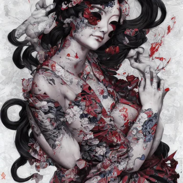 Image similar to disconfigured geisha, dark art by james jean, part by ross tran, part by ariduka 5 5, ultra realistic, high definition, 3 d render, masterpiece